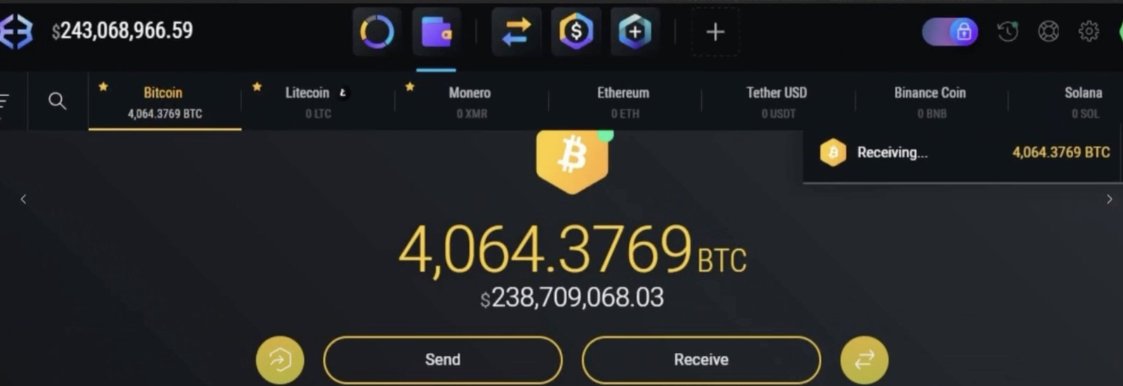 Capture du wallet Bitcoin — 4 064 BTC soit ~238M$ au moment du vol