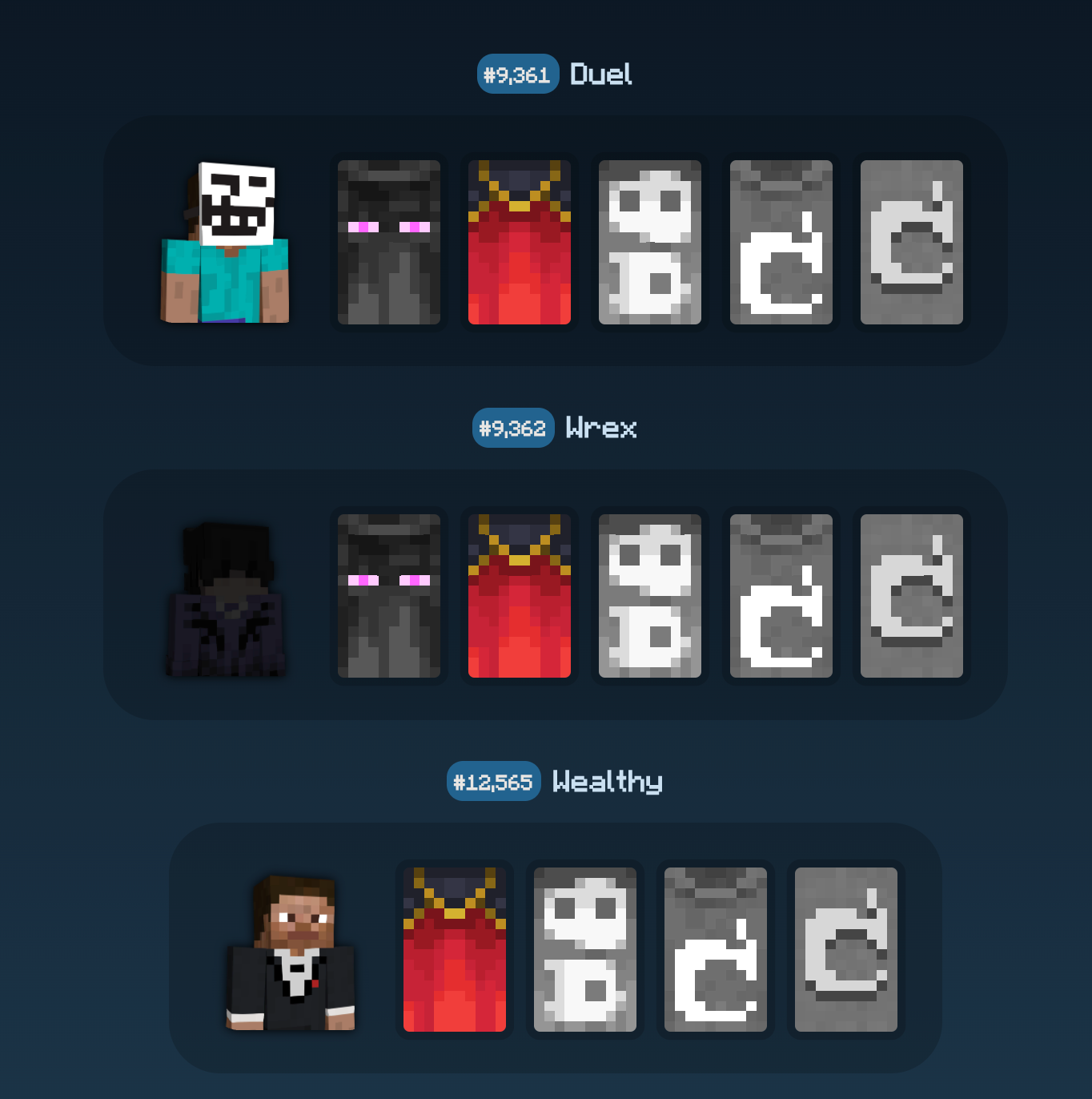 Classement d'accounts OG — Duel, Wrex, Wealthy avec leurs capes respectives