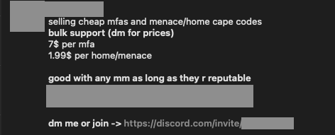 Vente de codes de capes Minecraft sur Discord — MFA, Home/Menace à 1.99$