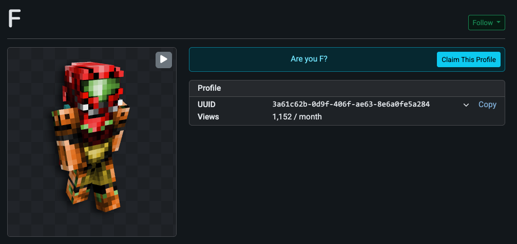 Profil NameMC du compte 'F' — UUID et 1152 vues/mois