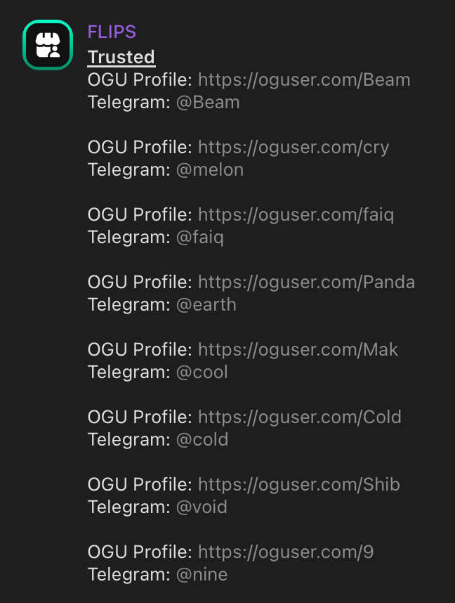 Liste des vendeurs trusted sur FLIPS avec leurs profils OGUser et Telegram