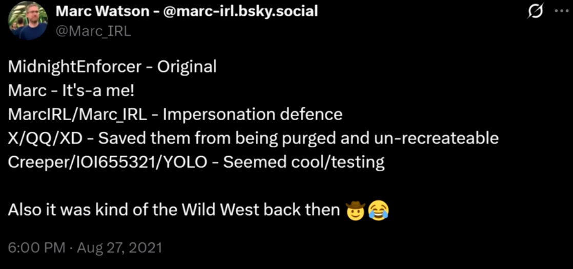 Tweet de Marc Watson — explication des comptes Minecraft aux pseudos historiques réservés