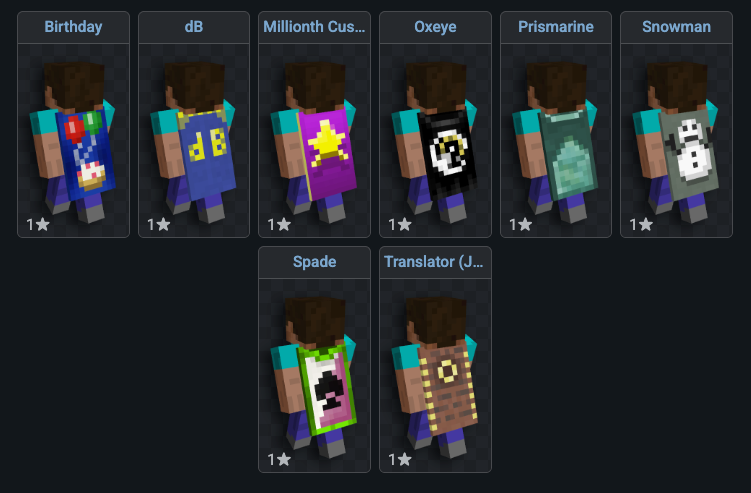 Capes spéciales Minecraft — Birthday, Millionth Customer, Prismarine, Snowman, Translator...